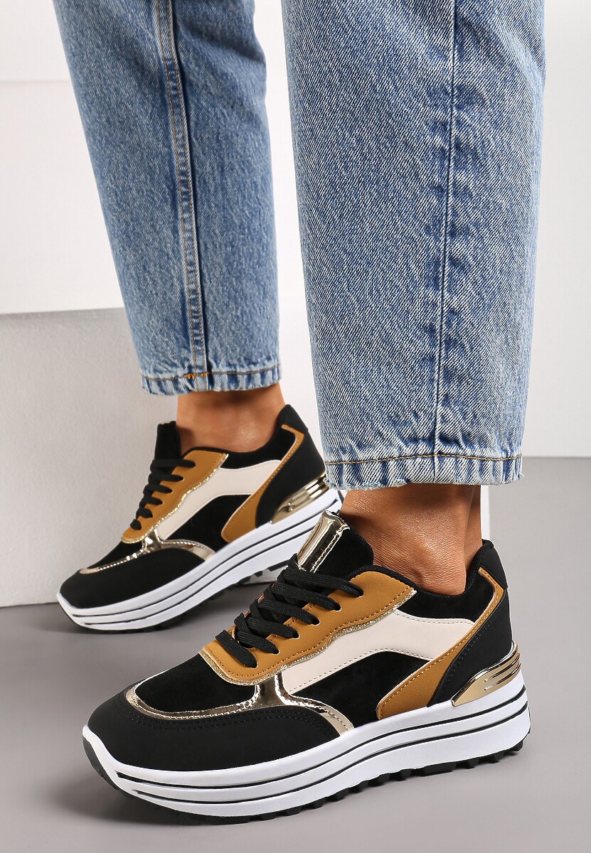 Czarne Sneakersy na Wysokiej Podeszwie z Błyszczącymi Wstawkami Lovana