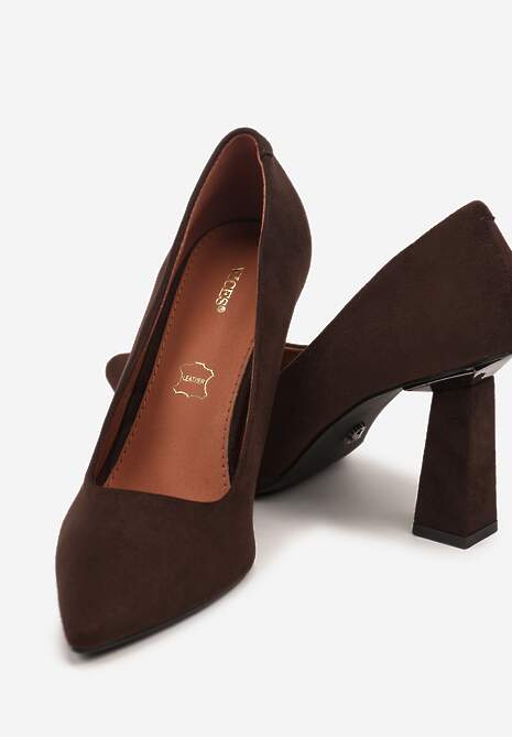 Brązowe Czółenka na Słupku Vices z Wkładką ze Skóry Naturalnej Rocce