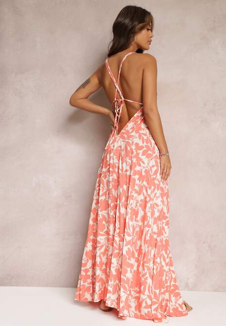 Pomarańczowa Wiskozowa Sukienka Maxi Wiązana na Szyi z Troczkiem w Pasie Zephira