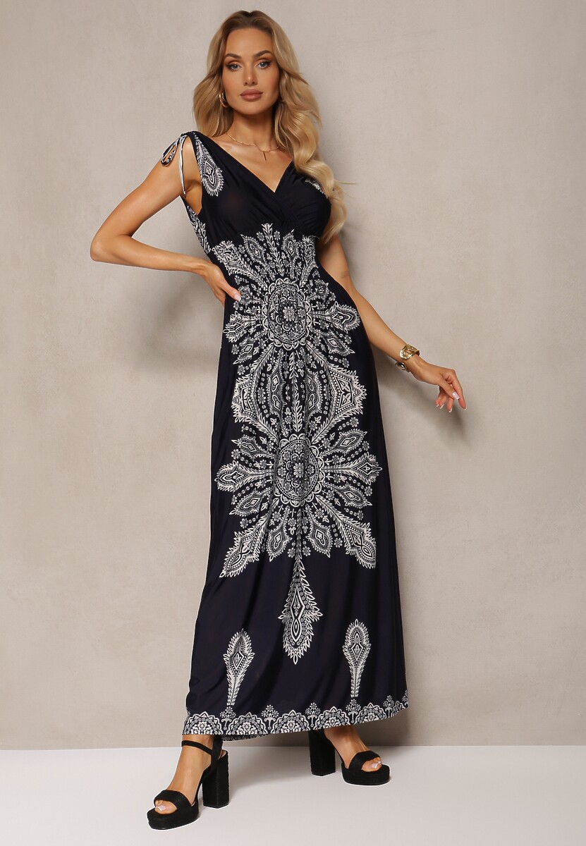 Granatowa Sukienka z Ornamentalnym Wzorem Sznurkami Przy Ramionach i Gumką w Talii Alerada