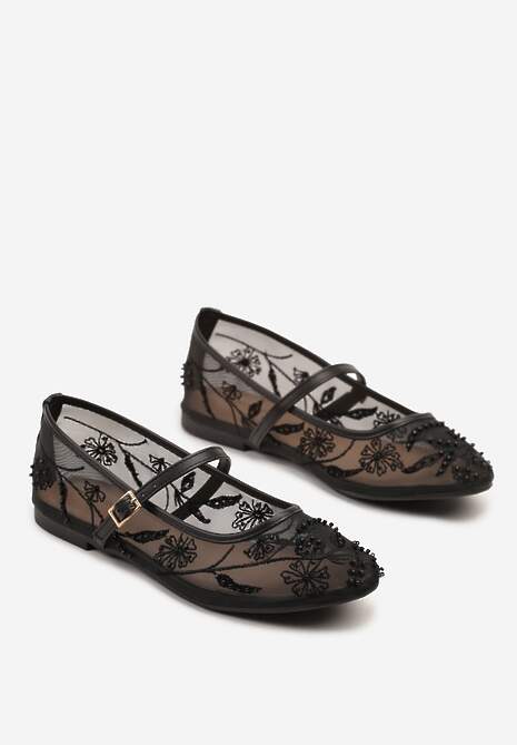 Czarne Balerinki Siateczkowe z Haftami i Sprzączką Diviaria