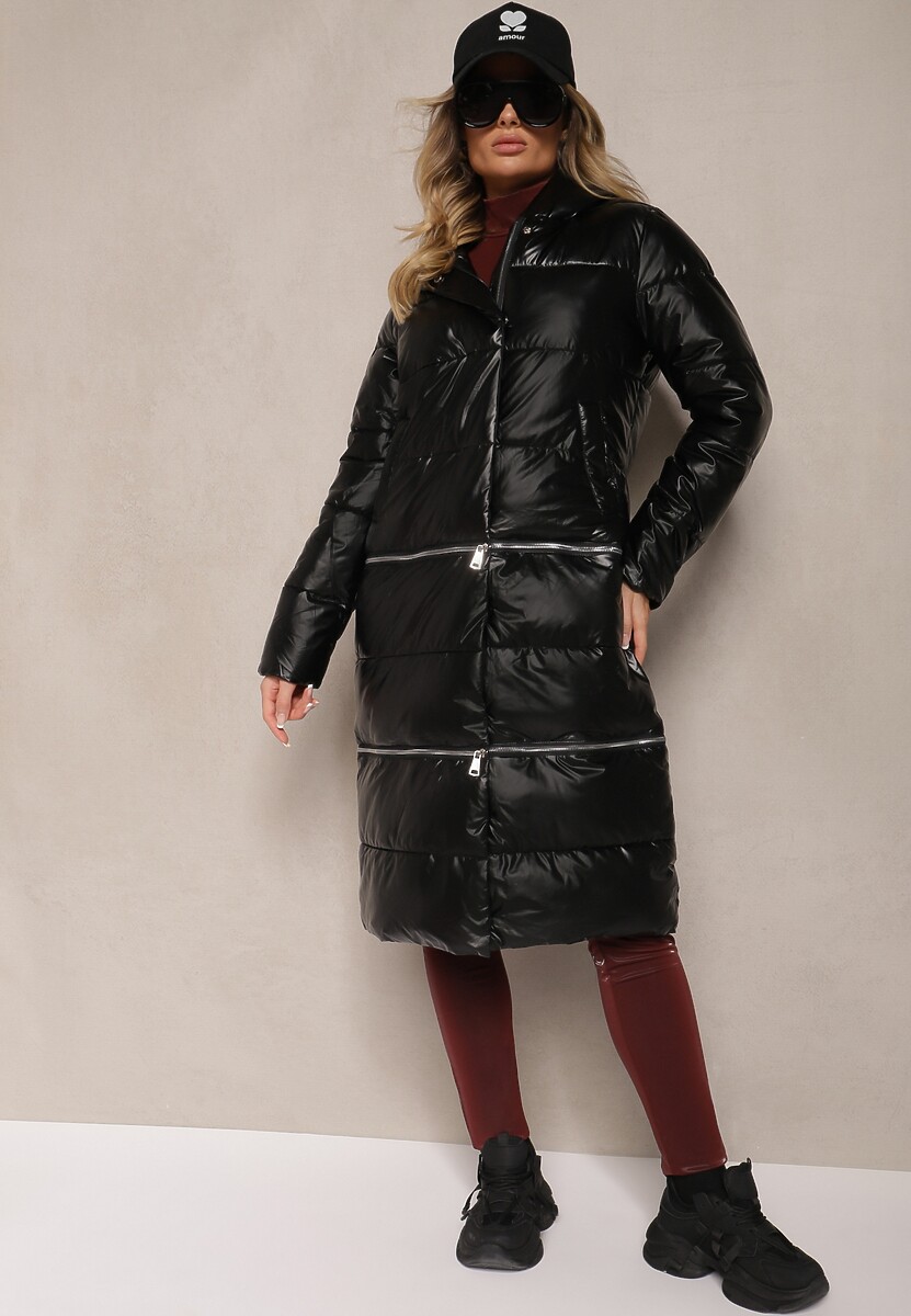 Czarna Pikowana Kurtka z Kapturem o Regulowanej Długości Anstrina