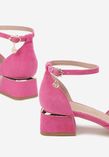 Fuksjowe Czółenka Vices na Słupku z Wkładką ze Skóry Naturalnej i Metaliczną Ozdobą Velori