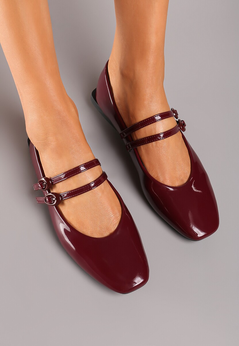 Bordowe Balerinki Płaskie Lakierowane z Paskami na Sprzączkę i Kwadratowym Noskiem Mailene