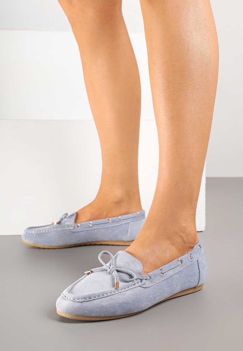 Niebieskie Mokasyny z Ekozamszu Zdobione Wiązaniem z Kokardą Sonilora