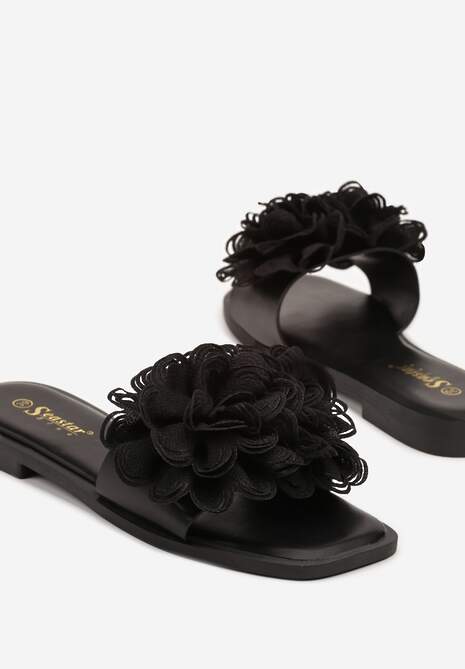 Czarne Klapki z Kwiatami 3D Fevionne
