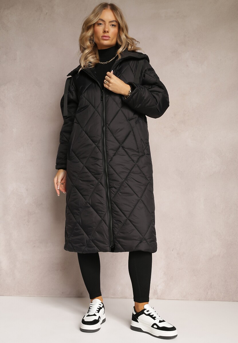 Czarna Pikowana Kurtka z Nieodpinanym Kapturem o Długim Fasonie Siyella