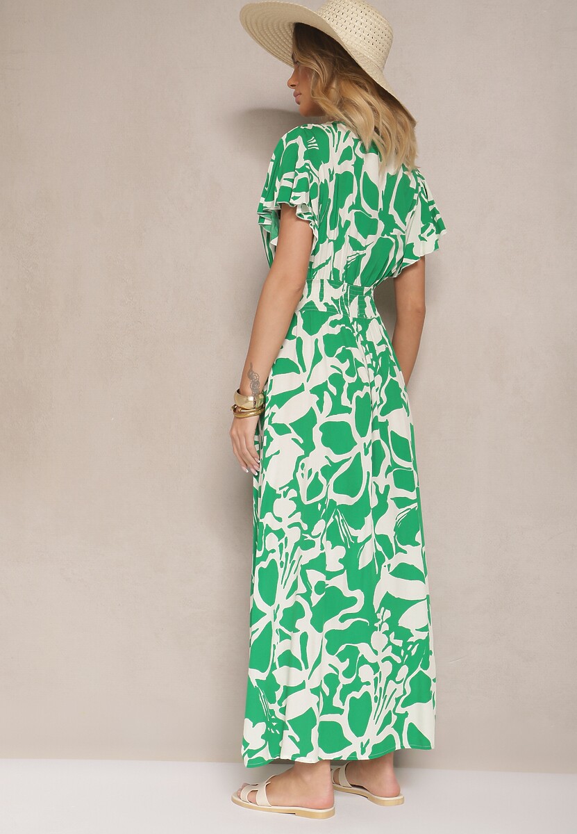 Zielona Kopertowa Wiskozowa Sukienka Rozkloszowana z Abstrakcyjnym Wzorem Rallevia
