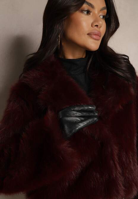 Bordowa Krótka Kurtka z Futerkiem Zdobiona Szerokim Kołnierzem Tormia