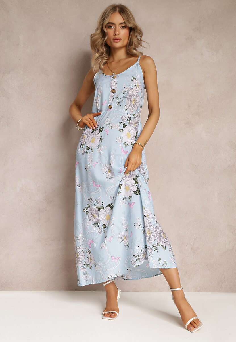 Jasnoniebieska Sukienka w Kwiaty na Ramiączkach Lydienne