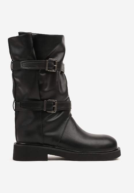 Czarne Botki Biker Boots z Marszczoną Cholewką i Paskami ze Sprzączkami Sinesa