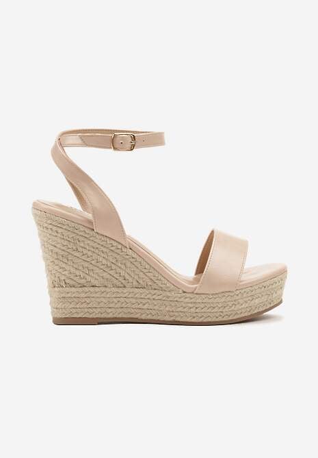 Beżowe Sandały w Stylu Boho na Plecionym Koturnie Tenarea