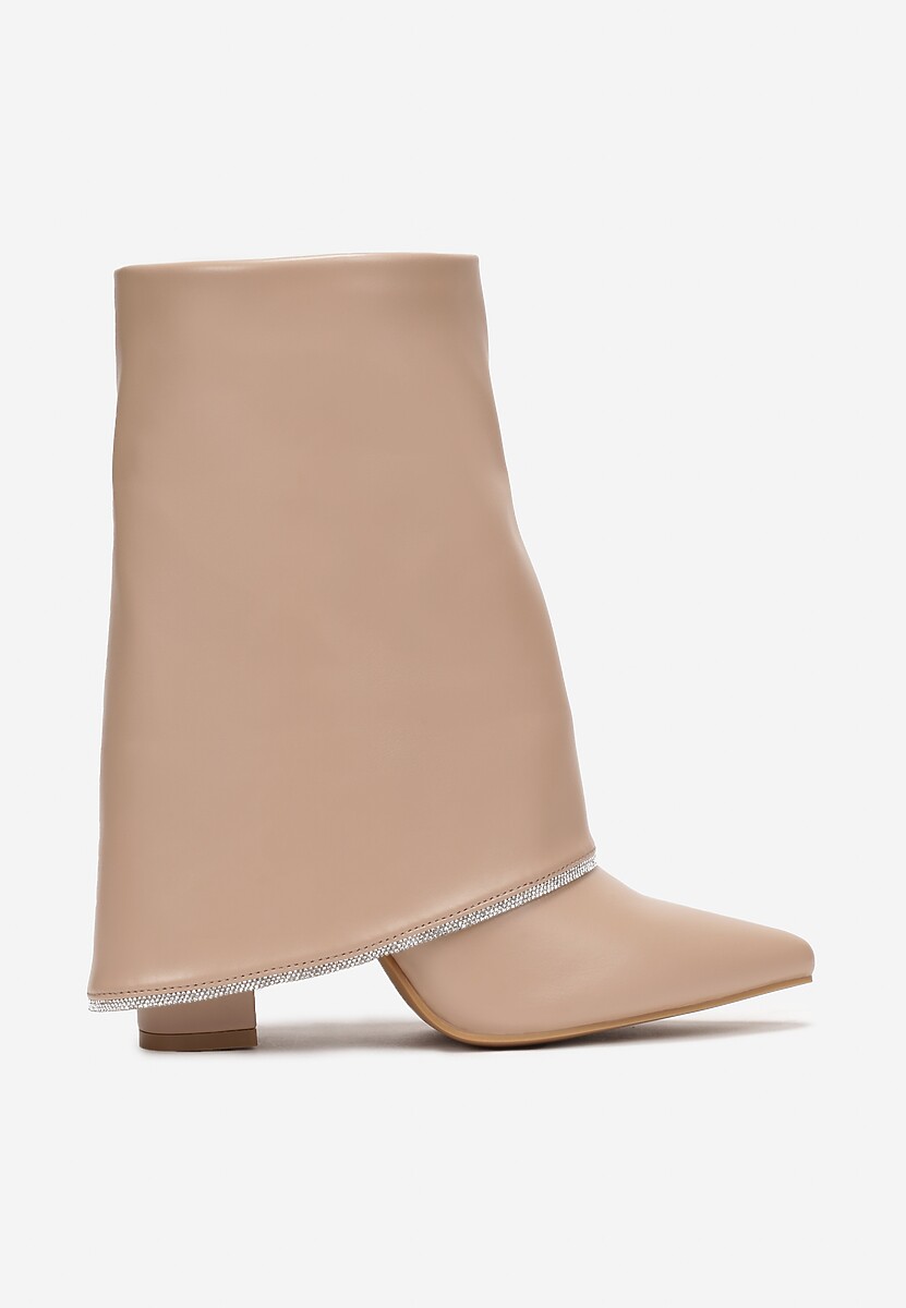 Beżowe Botki na Słupku z Wywiniętą Cholewką w Cyrkonie Vabane