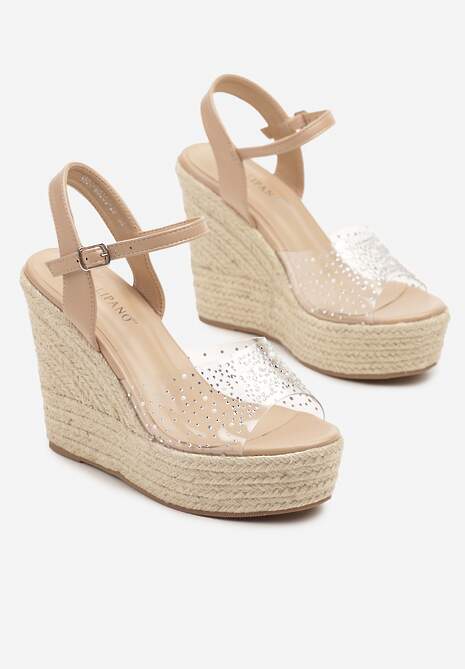 Beżowe Przezroczyste Sandały na Koturnie z Plecionką i Cyrkoniami Alulia