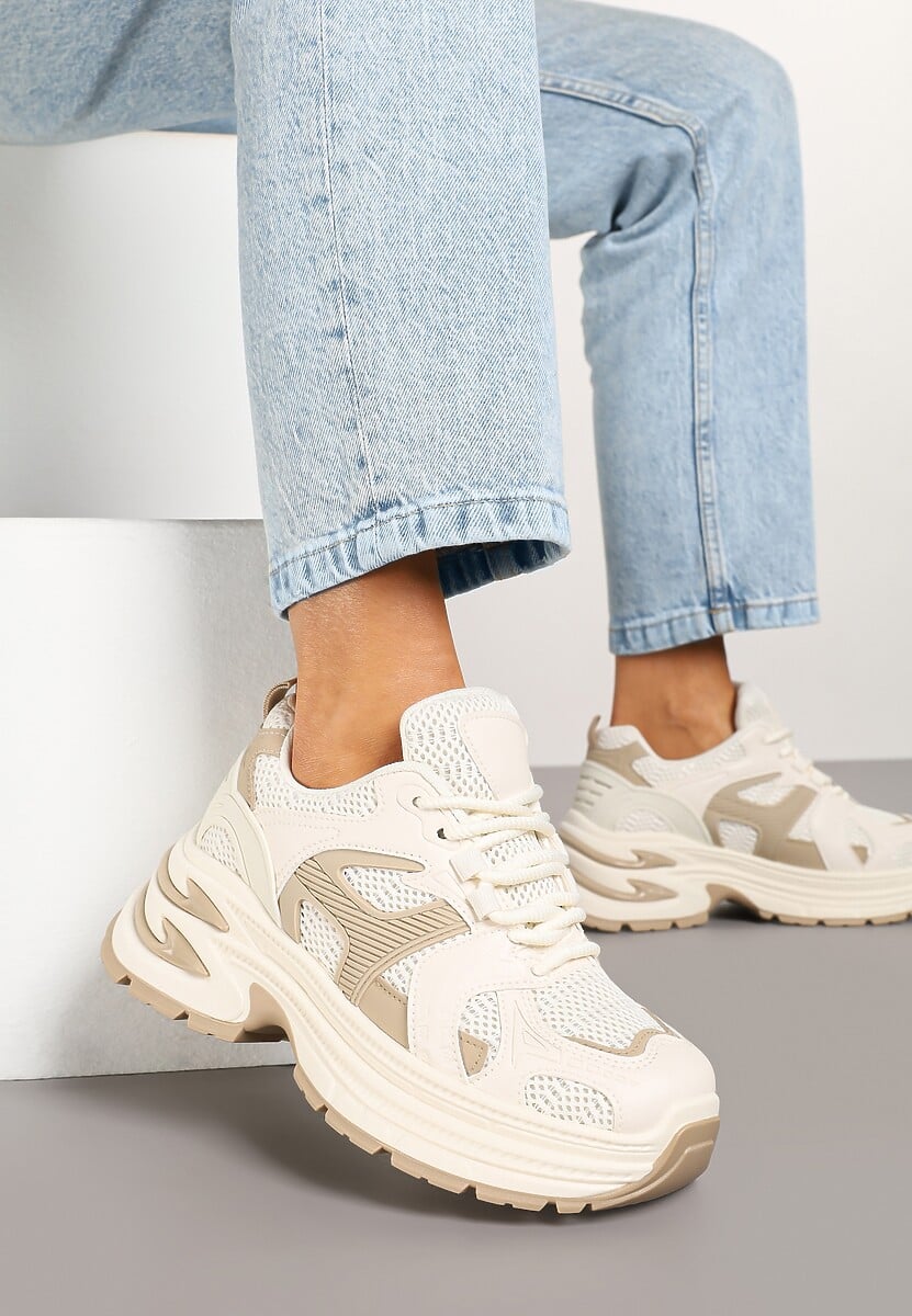 Beżowe Sneakersy na Platformie z Tłoczeniem i Geometrycznym Wzorem Melvila