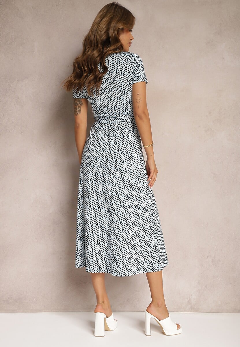 Niebiesko-Biała Koszulowa Sukienka w Geometryczny Wzór Zapinana na Guziki Xarrah