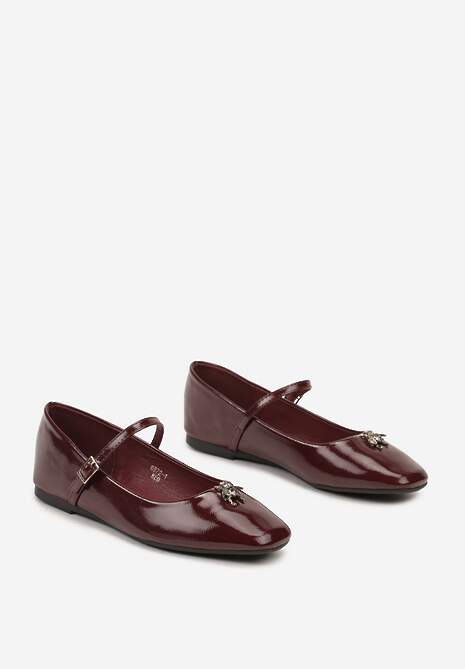 Bordowe Balerinki Ozdobione Aplikacją Owada z Paskiem i Sprzączką Nevisola