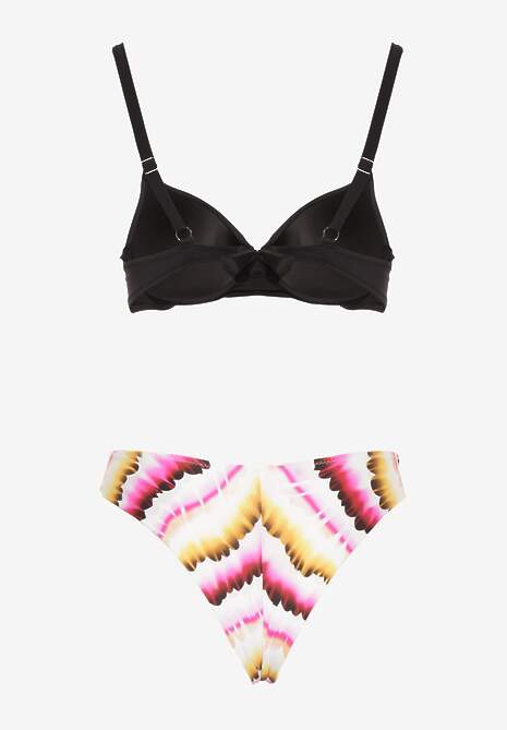 Czarno-Różowe Bikini Majtki Figi Ozdobione Nadrukiem i Biustonosz Natinalia