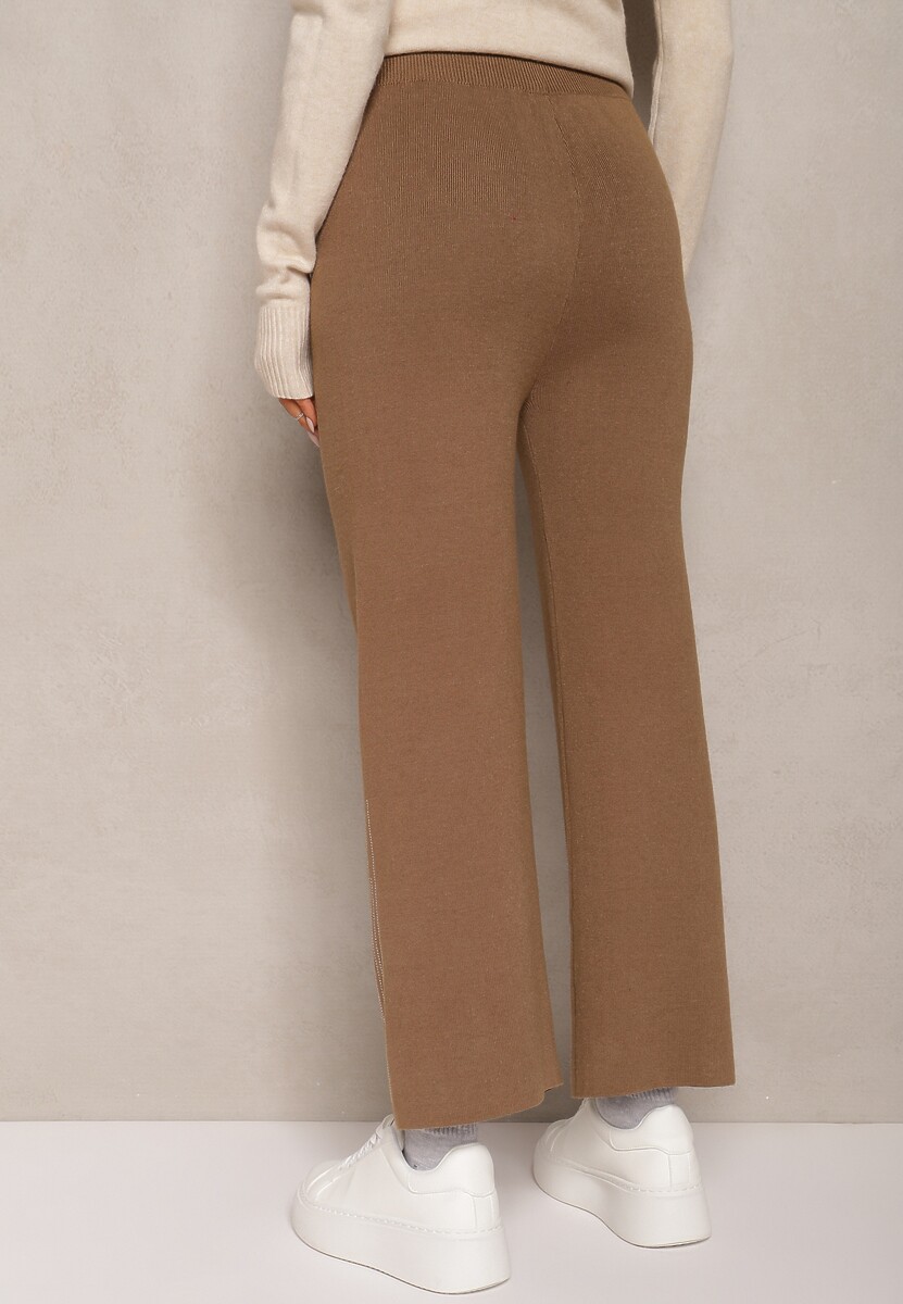 Jasnobrązowe Spodnie o Szerokim Kroju High Waist z Cyrkoniami i Gumką w Pasie Loreitha