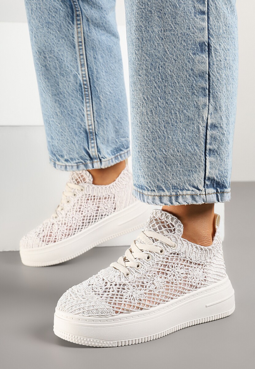 Beżowe Sneakersy na Platformie z Ażurowym Wykończeniem Isdisane