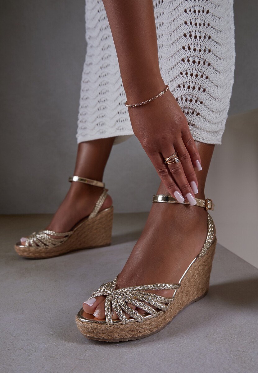 Złote Sandały Vices na Koturnie z Plecionką Neolianea