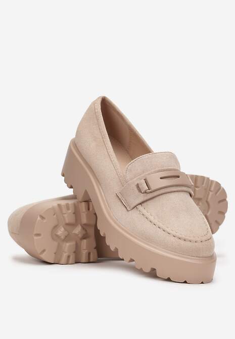 Ciemnobeżowe Mokasyny na Grubej Podeszwie z Cholewką z Przeszyciami Hamaira