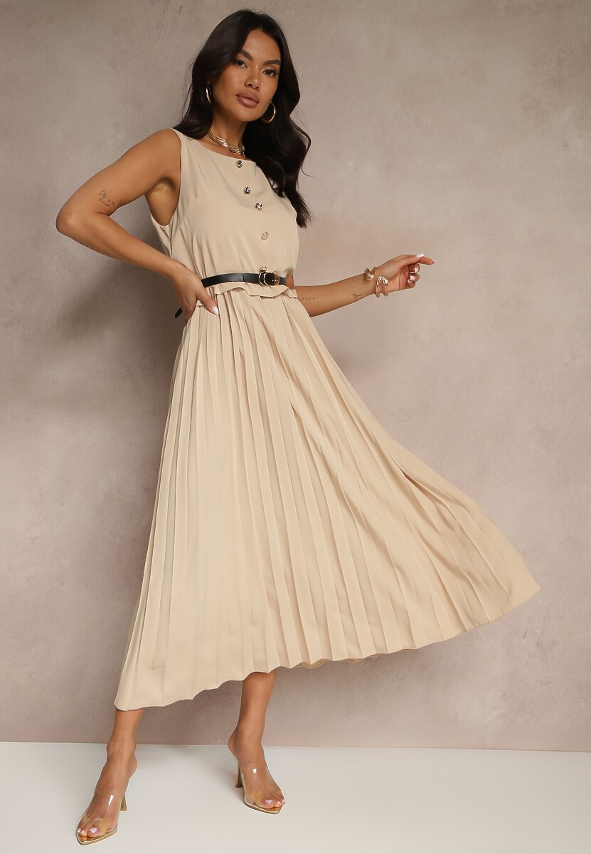 Ciemnobeżowa Plisowana Sukienka o Rozkloszowanym Kroju Bez Rękawów z Paskiem z Klamrą Iffule