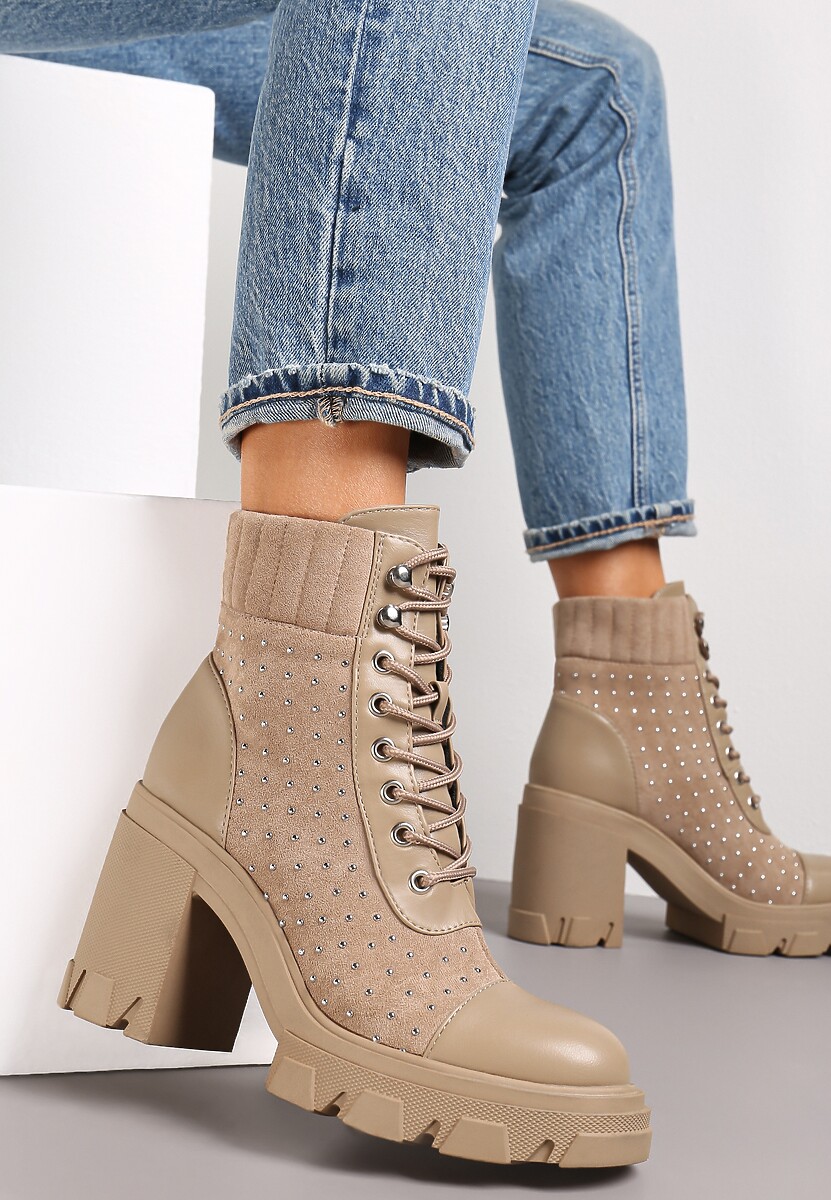 Ciemnobeżowe Botki Sznurowane na Słupku Hiesore
