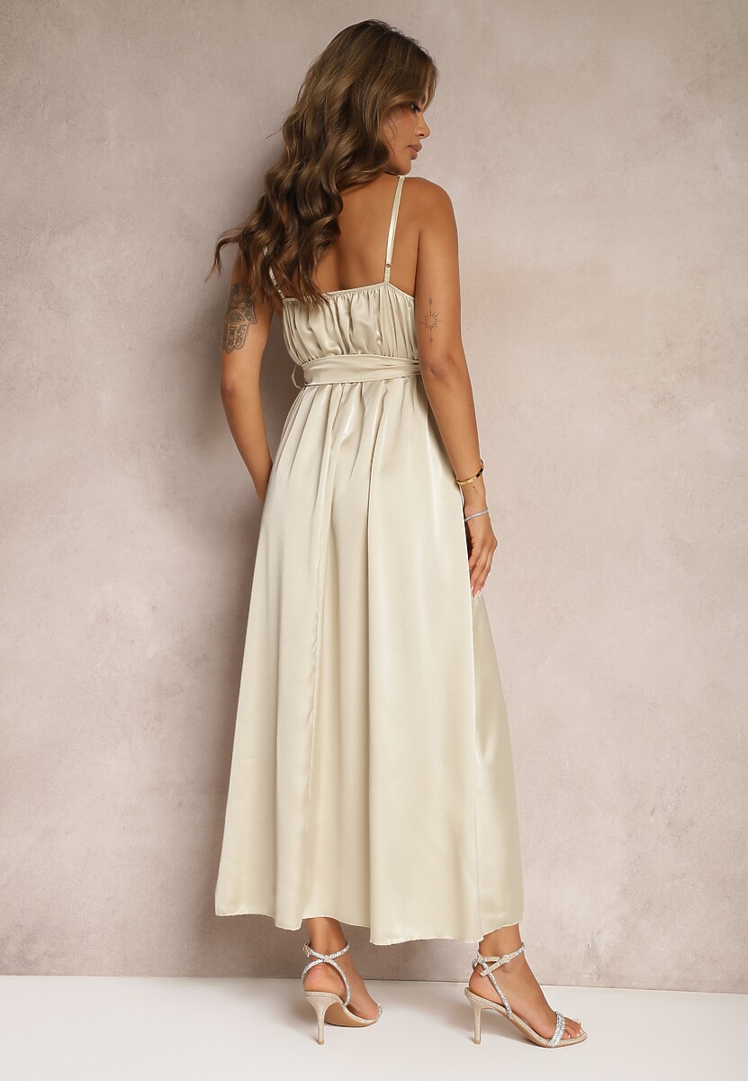 Beżowa Sukienka Wieczorowa o Rozkloszowanym Kroju z Gumką w Pasie i Rozcięciem Relsea