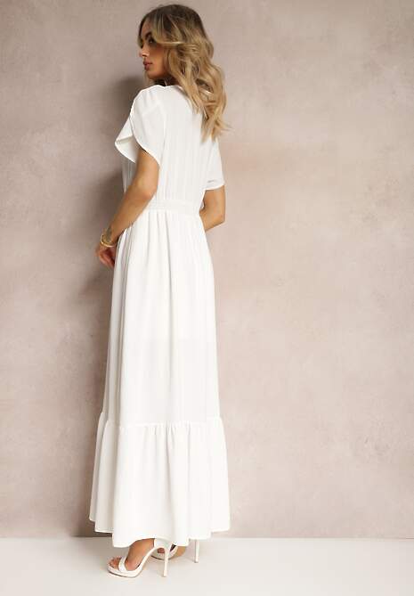 Biała Rozkloszowana Sukienka z Gumkami w Talii z Guzikami i Rozcięciem Gafia