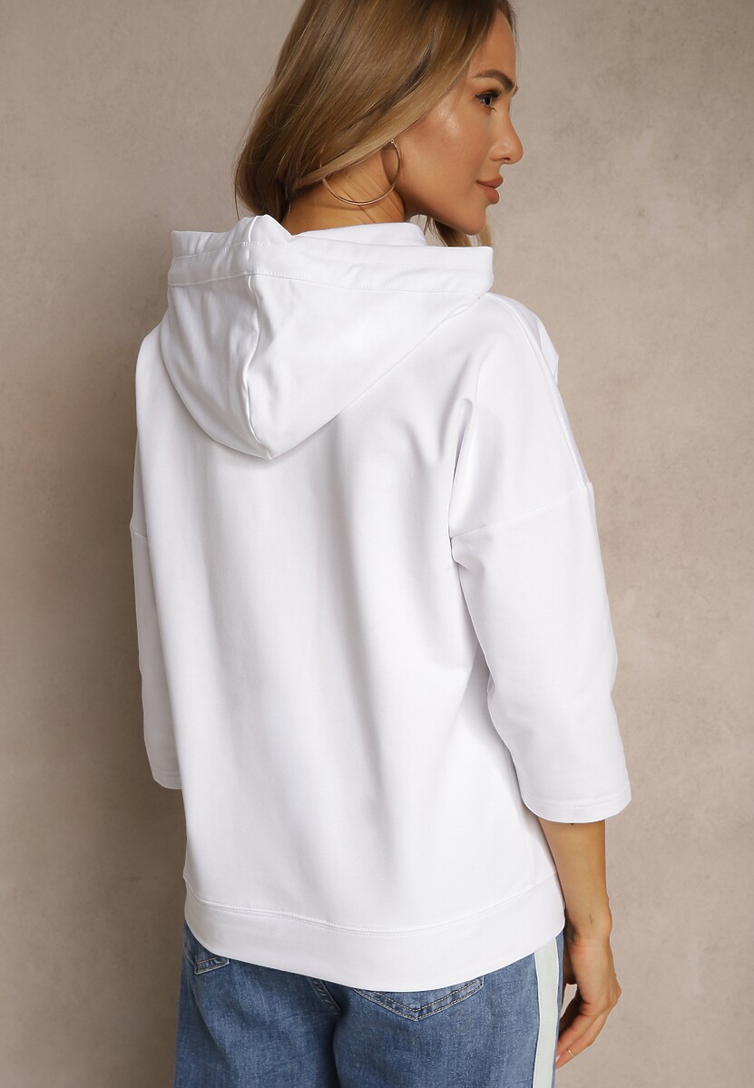 Biała Bluza z Kapturem Ozdobnym Nadrukiem i Rękawami 3/4 Saniressa