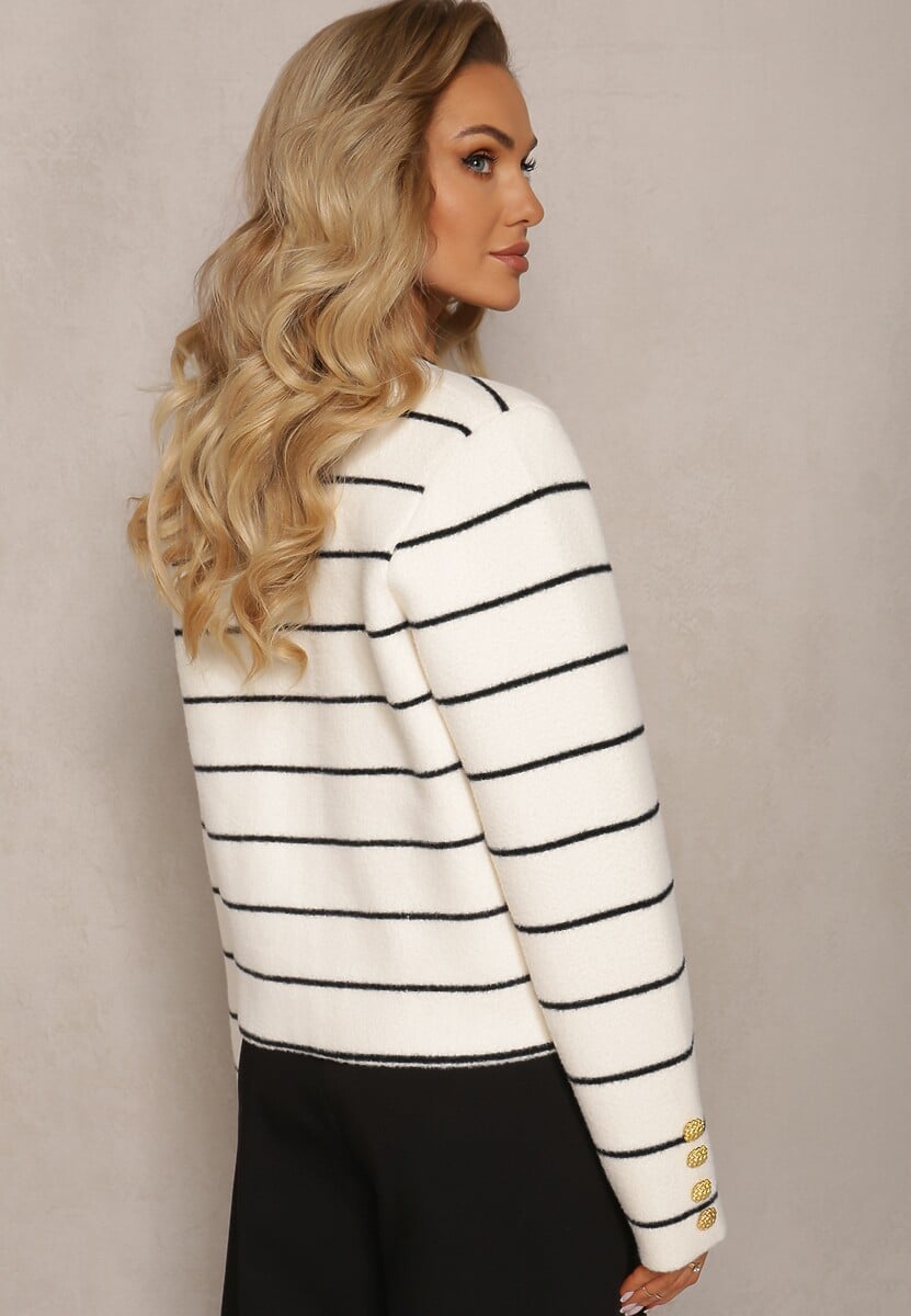 Biały Wiskozowy Kardigan z Ozdobnymi Guzikami i Printem w Paski Biesame