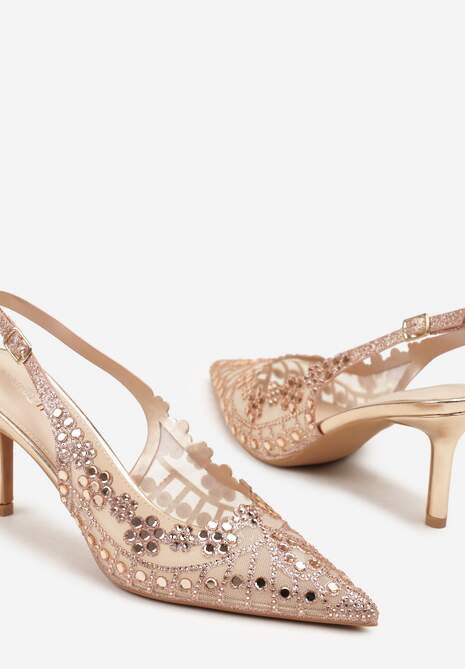 Szampańskie Sandały na Szpilce Slingback z Ażurową Cholewką Latilena