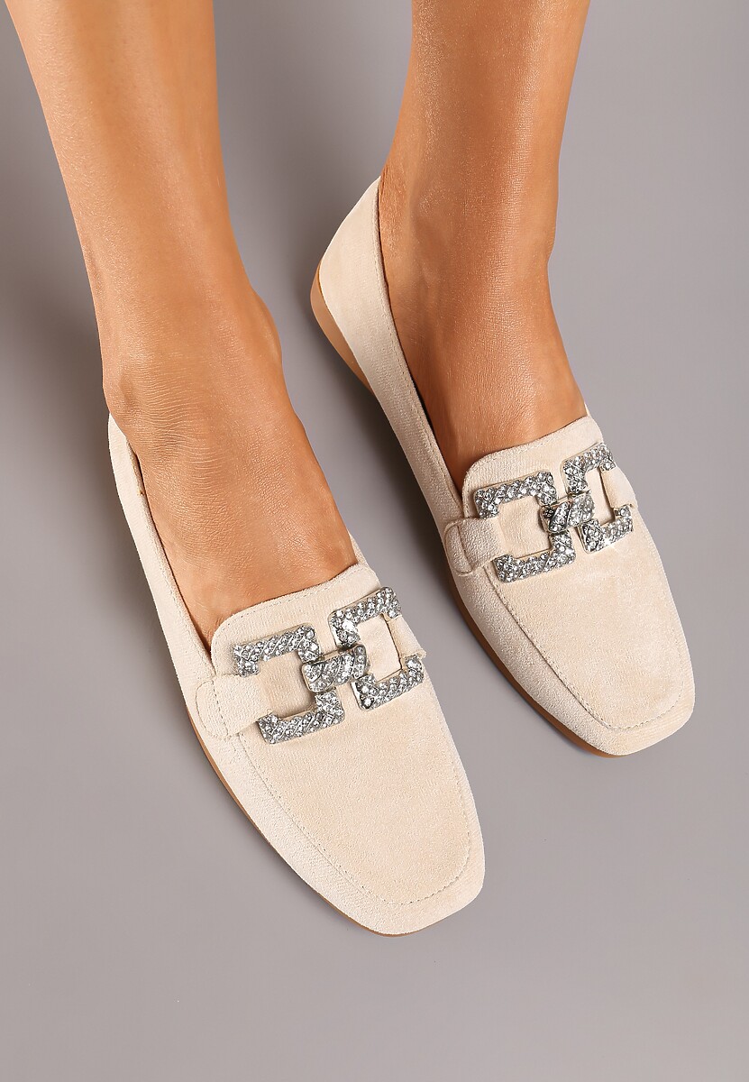 Beżowe Mokasyny z Klamerką w Cyrkonie Bile