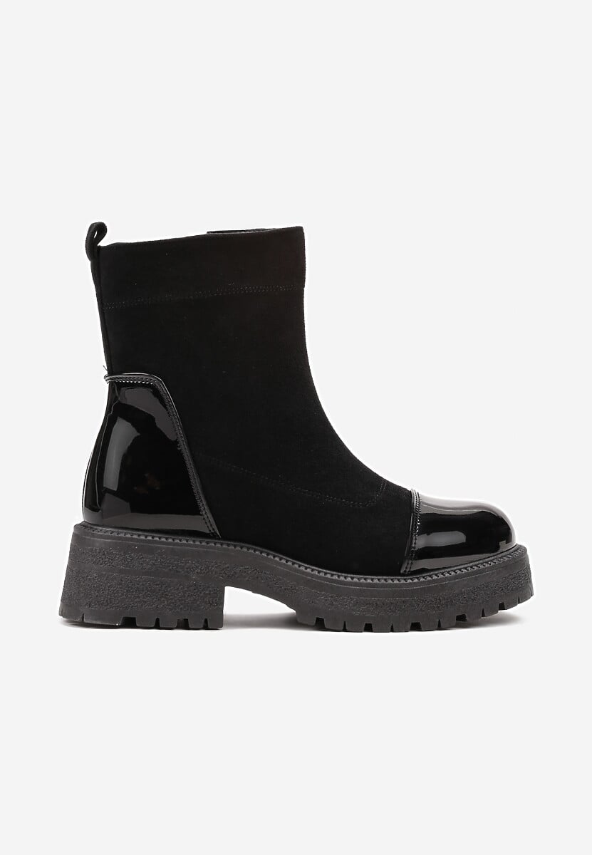 Czarne Botki na Grubej Podeszwie z Lakierowanymi Wstawkami Triestia