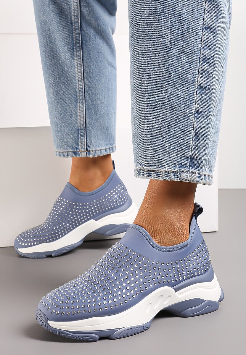 Niebieskie Buty Sportowe na Grubej Podeszwie w Cyrkonie Elerene