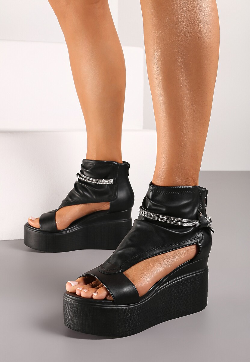 Beżowe Sandały za Kostkę na Platformie z Koturnem Ozdobione Cyrkoniami Gavrela