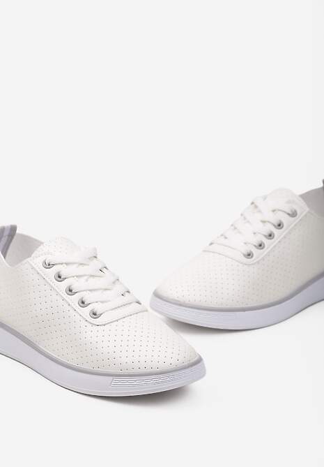 Beżowo-Szare Sznurowane Tenisówki z Ozdobną Taśmą na Tyle i Perforacją Kavinna