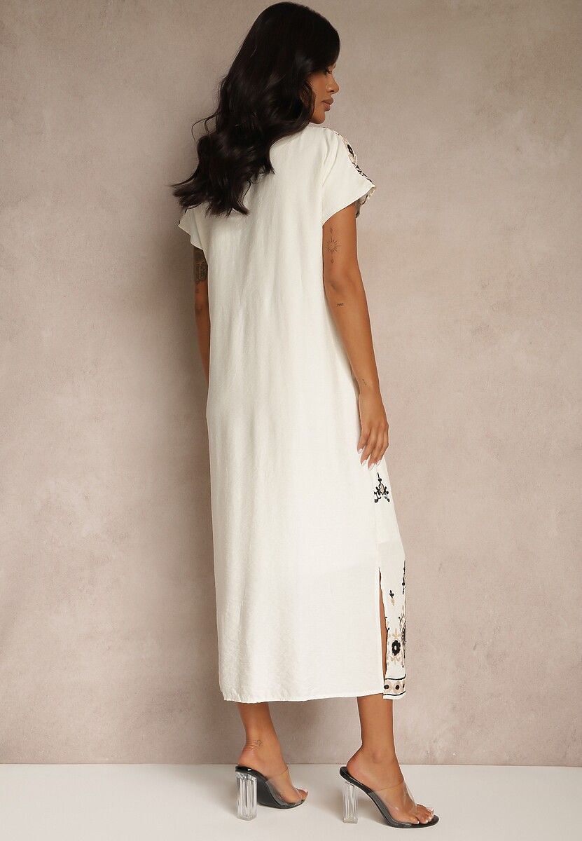 Biało-Czarna Sukienka z Wiskozy ze Wzorem w Stylu Etno Meluriela