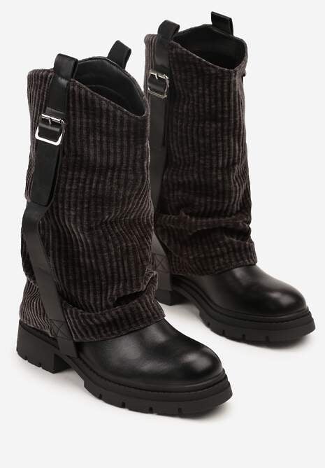 Czarne Botki z Wywiniętą Cholewką Sztruksową i Paskiem z Klamrą Zalorra