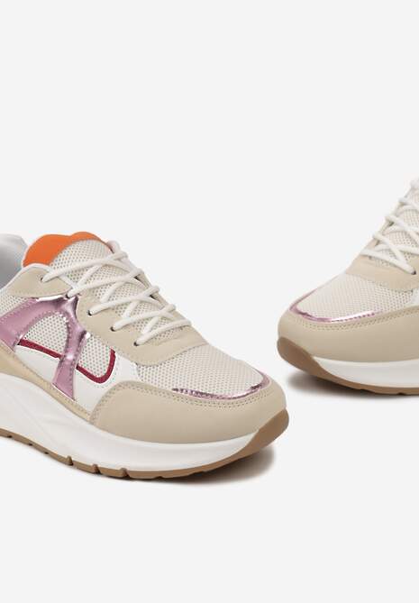 Beżowo-Pomarańczowe Sneakersy na Niskiej Platformie z Ozdobnymi Wstawkami Perforacją i Brokatem Akarine