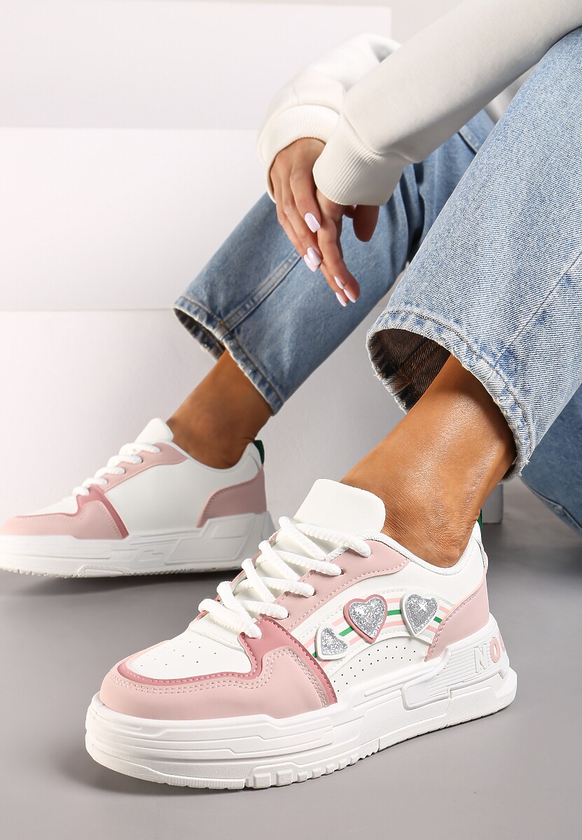 Biało-Różowe Sneakersy z Błyszczącymi Serduszkami Iriene