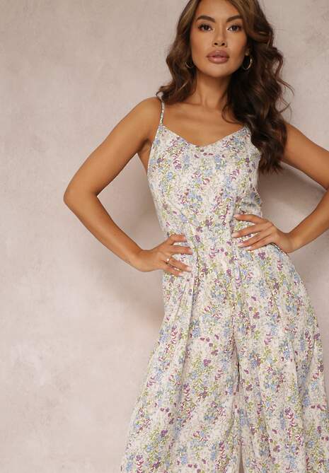 Jasnobeżowy Kombinezon w Kwiaty z Szeroką Gumką i Wycięciem na Plecach Wildhill