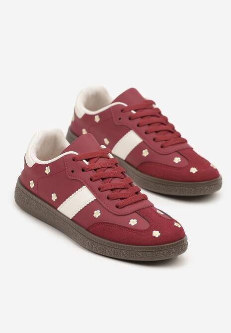 Bordowe Sneakersy Tenisówki Ozdobione Kwiatkami Zummine