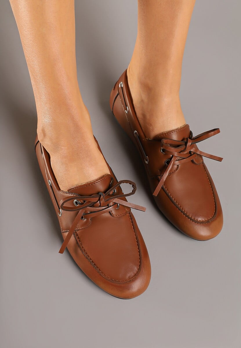 Jasnobrązowe Mokasyny z Ozdobnym Wiązaniem Lanrive