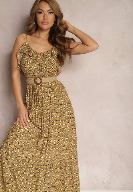 Żółta Rozkloszowana Sukienka z Wiskozy na Regulowanych Ramiączkach Wrinesa