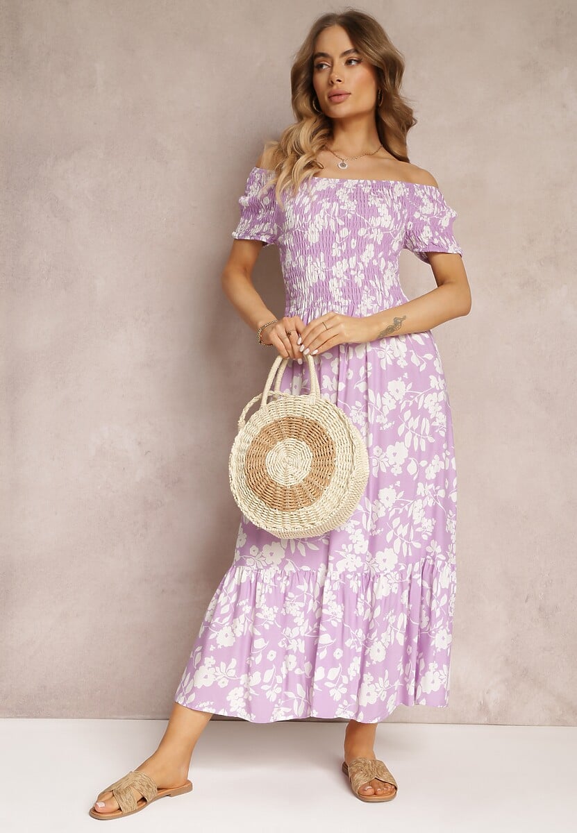 Fioletowa Rozkloszowana Sukienka Maxi z Hiszpańskim Dekoltem w Kwiaty Zevana