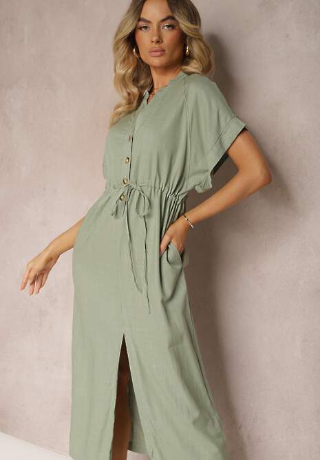 Ciemnozielona Sukienka z Bawełny z Górą o Koszulowym Kroju Ściągana w Pasie Viklia