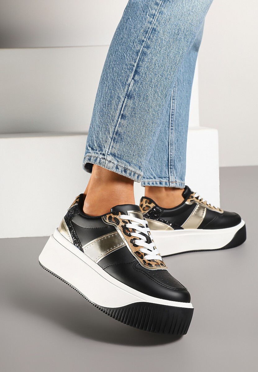 Czarne Sneakersy na Platformie z Metalicznym Zdobieniem i Printem w Panterkę Fonarien