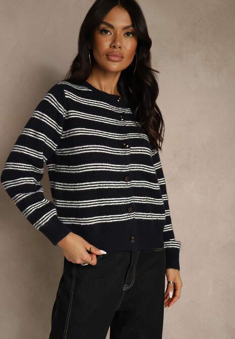 Granatowy Kardigan z Dodatkiem Wełny Zdobiony Wzorem w Paski i Narzutką Fedira